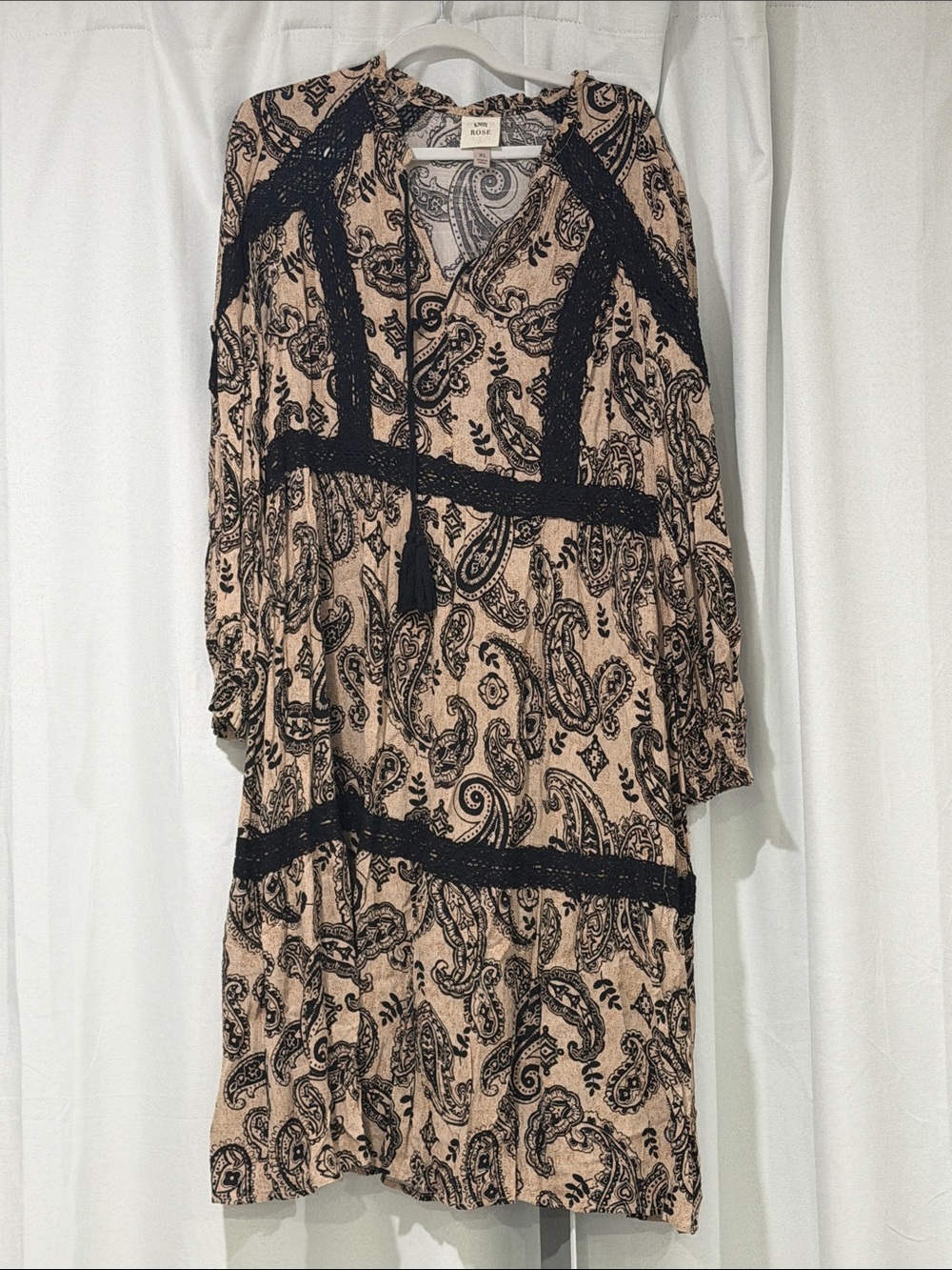 Knox Rose Beige Paisley Long Sleeve Boho Dress with Black Lace